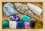 CRYSTALYA Abundance and Prosperity Healing Crystals, 100% Authentic, Wooden Gift Box + 50pg EBOOK- Malachite, Pyrite, Citrine, Aventurine, Blue Calcite, Tree Agate, Tiger Eye + Info Guide, Made in USA