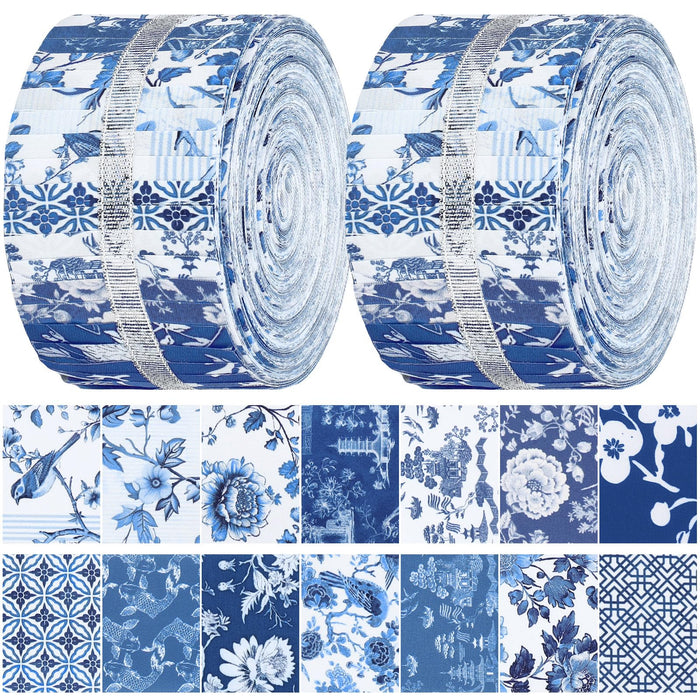 Hosuly 40 Pcs Chinoiserie Polyester Fabric Christmas Jelly Fabric Patchwork Quilting Roll White Blue Fabric Roll Xmas Fabric Quilting Strips 2.55 Inch Precut Patchwork for DIY Craft Sewing