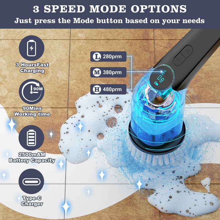 YKYI Electric Spin Scrubber,Cordless Electric Cleaning Brush,Power Scrubber with 8 Replaceable Brush Heads,3 Adjustable Speeds,Voice Broadcast,Shower Scrubber with Long Handle for Bathtub Tile Floor