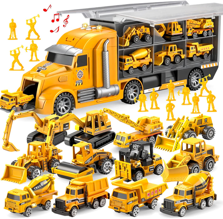 JOYIN 25 in 1 Kids Construction Truck Toy Set, 24Pcs Push and Go Cars and Worker Figures, Toddler Play Vehicles with Sounds and Light, Christmas Birthday Gifts Toys for 3 4 5 6 7 Years Old Grandkids