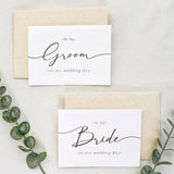 Shoppau Set of 2 Bride and Groom Wedding Day Cards - Linen Textured Cardstock - Elegant Script - 4.875" x 3.75" Folded - Embossed Border - Set of 2 Cardstock Beige Envelopes (Black Foil)