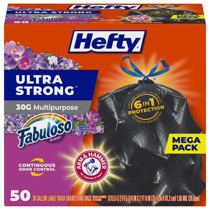 Hefty Ultra Strong 30 Gallon Trash Bags, Black Large Trash Bags 30 Gallon Size, Multipurpose, Break Resistant Drawstring Closure, Resists Leaks, Punctures, and Tears, Black, Fabuloso Scent, 50 Bags