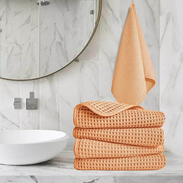 POLYTE Microfiber Lint Free Hand Towel, 16 x 30 in, 4 Pack (Orange, Waffle Weave)