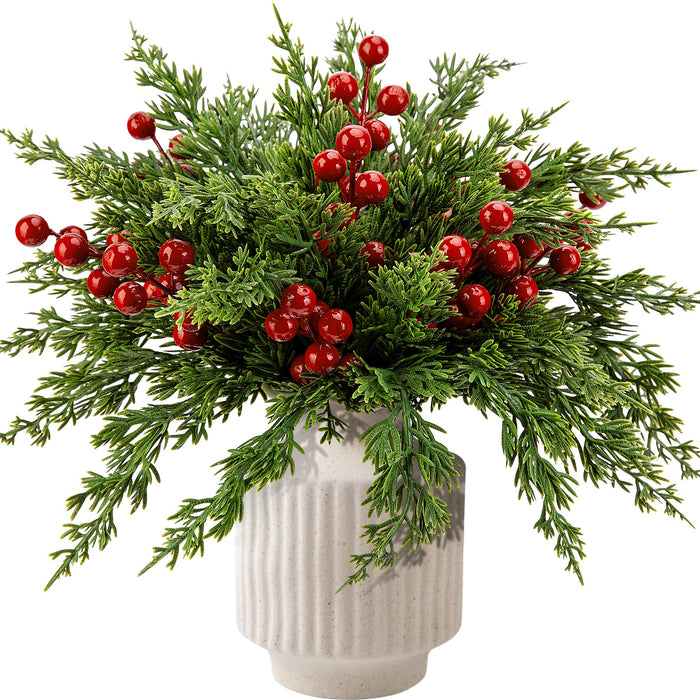 60 Pcs Christmas Artificial Pine Branches Red Berry Stems Faux Xmas Sprigs