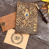 Vintage 3D Phoenix Embossed Leather Writing Journal with Golden Pen Set,A5,200Pages,Antique Handmade Daily Notepad Sketchbook,Travel Diary&Notebook to Write in,for Women Men (Red Bronze)