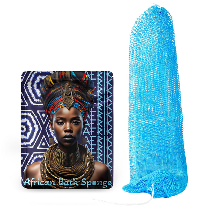 AFRIKI African Net Sponge, Authentic African Exfoliating Sponge, Black Owned, Back Scrubber, 45inch Long, for Normal to Sensitive Skin, for Daily use, Sky Collection