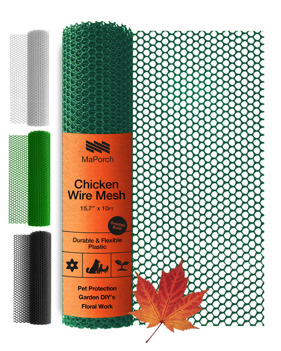 Maporch Plastic Chicken Wire Fencing for Pet Protection - 15.7" x 10ft, HDPE Hunter Green Chicken Wire - Garden Fence Animal Barrier for Dogs, Cats and Rabbits (1-Pack)