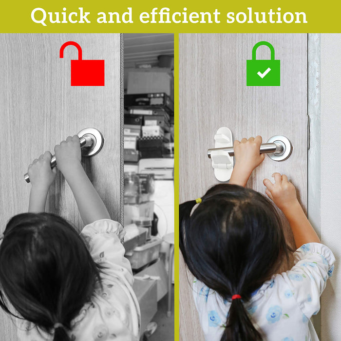 Door Lever Lock (2 Pack) Prevents Toddlers from Opening Doors. 3.25" L * 1.5" W * 4.5" H Easy One Hand Operation for Adults. Durable ABS with 3M Adhesive Backing. Simple Install, No Tools Needed.