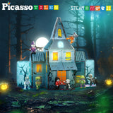 PicassoTiles 57pc Haunted House Theme Magnet Tile Building Blocks 8 Action Figures Magnetic Construction Toy Double Sided Printing Education STEM Learning Playset Halloween Adventure Kid Ages 3+ PTQ03