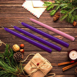 CoCo-Life Christmas Advent Candles, Unscented Dripless 10 Inch Tall Long Thin Colored Wax Tapered Candlesticks for Seasonal Celebration, 4 Packs (3 Purple and 1 Pink) 8 Hours Burn Time