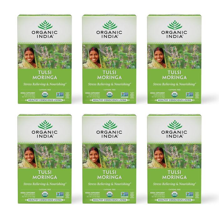 Organic India Tulsi Moringa Herbal Tea - Holy Basil, Stress Relieving & Nourishing, Immune Support, Vegan, Certified Organic, Non-GMO, Antioxidant, Caffeine-Free - 18 Infusion Bags, 6 Pack