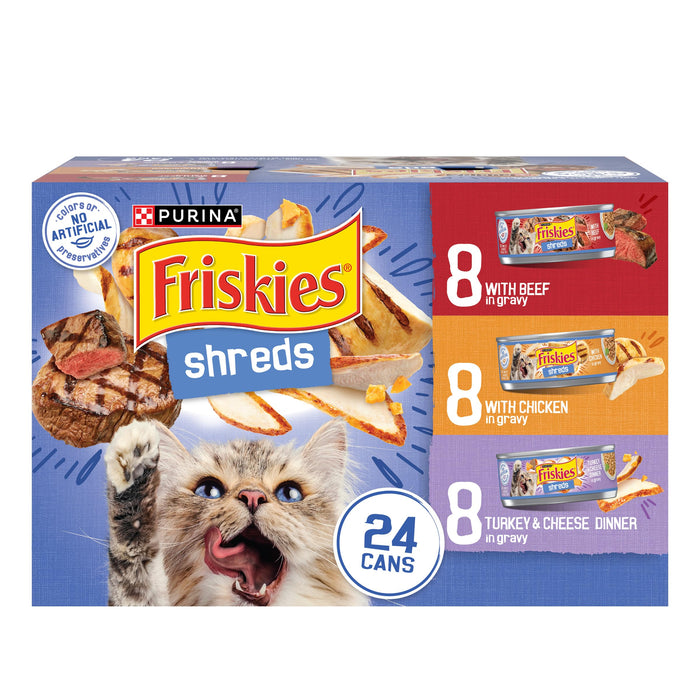 Friskies Purina Shreds Wet Cat Food in Gravy Variety Pack, (24) 5.5 oz Cans
