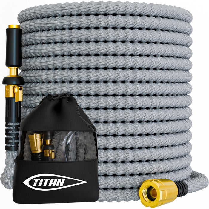 TITAN Flexible Garden Hose 100FT – Ultra Lightweight, Heavy Duty Water Hose with Brass Fittings & Jet Nozzle – Kink-Free, Non-Expanding, Durable Fabric Hose for Yard, Lawn, Car Wash, Outdoor Use