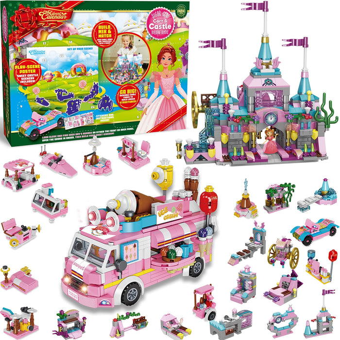 JOYIN 2023 Christmas Advent Calendars 24 Days Countdown Calendars with Girls Princess Castle and Ice Cream Truck Building Blocks for Girls Kids STEM Building Toys Party Favor, Xmas Gifts, Classroom