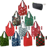 BeeGreen Christmas Reusable Grocery Bags with Zipper Storage Pouch 10 Pack Reusable Shopping Bags Bulk with Elastic Band Foldable-Machine Washable Christmas Gifts Tote Bags