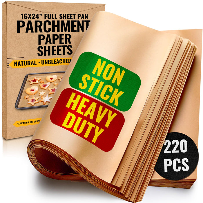[220 Sheets] Full Sheet Pan 16 x 24 Inch Parchment Paper Baking Sheets by Baker’s Signature | Precut Silicone Coated & Unbleached – Will Not Curl or Burn – Non-Toxic & Comes in Convenient Packaging