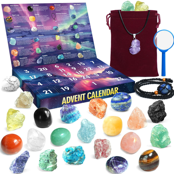 ZIZZ Advent Calendar 2024 Kids Christmas - 24 Natural Rock Mineral Crystal Collection for Boys Girls Christmas Countdown Calendar Gemstone Stone Learning Kit Birthday Christmas Gift for Kid Teen Adult