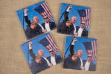 Trump Fight Fight Fight Stone Coaster Set of 4, Trump Shot Assassination Attempt, absorbent square coasters with holder. Holiday gift. Christmas gift. Trump Gift.