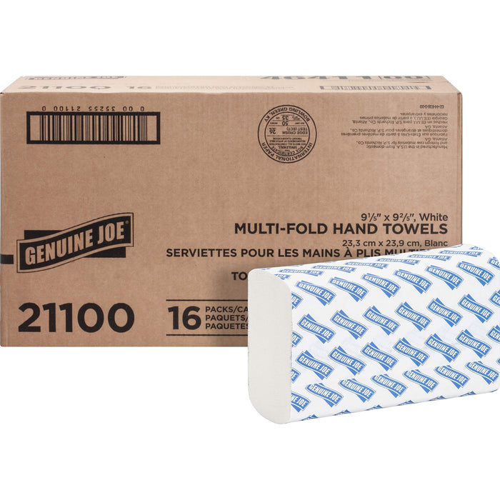 Genuine Joe Multifold Hand Towels, 9.25" x 9.40", 1-Ply, White, 250 Count (Pack of 16)