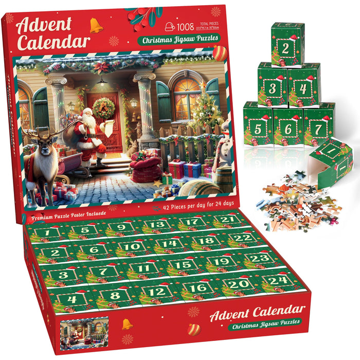 Puzzle Advent Calendar 2024 Christmas Puzzle - Santa Claus Delivers Gifts, 24 Boxes 1008 Pieces puzzles for adults Kids Christmas Countdown Calendar Christmas Gifts Puzzle Home Christmas Decorations