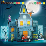 PicassoTiles 57pc Haunted House Theme Magnet Tile Building Blocks 8 Action Figures Magnetic Construction Toy Double Sided Printing Education STEM Learning Playset Halloween Adventure Kid Ages 3+ PTQ03