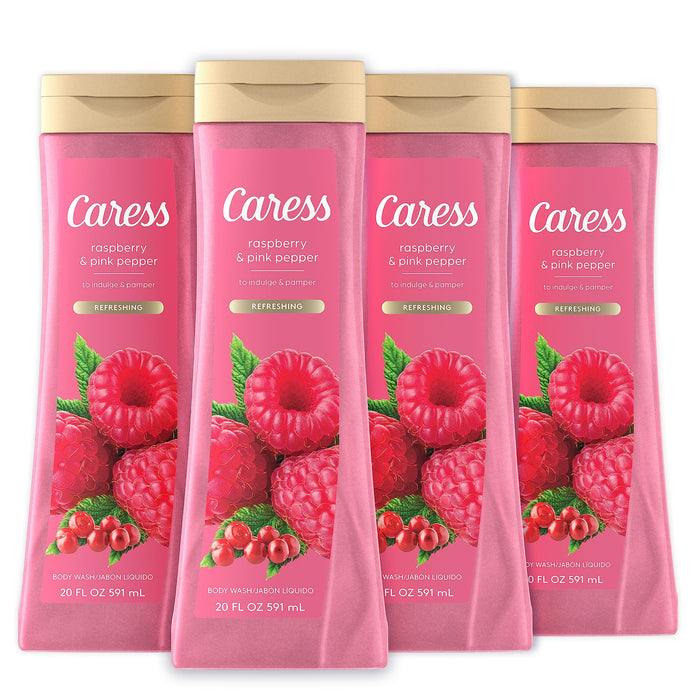 Caress Body Wash for Women, Raspberry & Pink Pepper, Refreshing Shower Gel to Indulge and Pamper Skin, 20 fl oz, 4 Pack