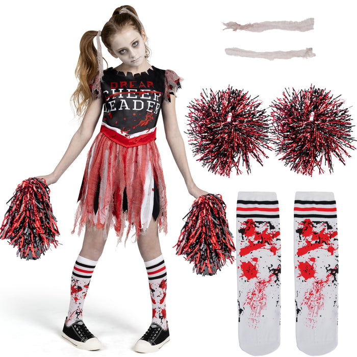 Spooktacular Creations Zombie Halloween Cheerleader Costume, Girls Scary Cheerless Costume, Kids Dead Cheerleading Outfit for Halloween Role Play Themed Parties, Red Black, XL