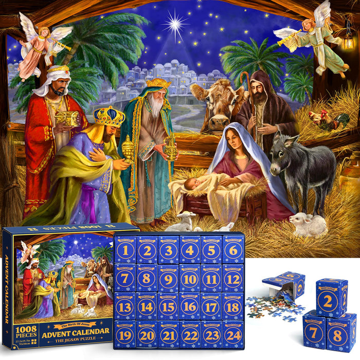 ZIZZ Advent Calendar 2024 Christmas Jigsaw Puzzle - 24 Boxes 1008 Pieces Xmas Holiday Countdown Puzzle Gift for Kid Adult Boy Girl Teen Happy Family Toy Game Christmas Stocking Stuffer Home Decoration