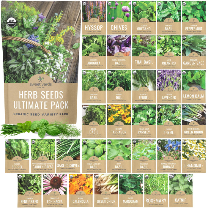 Organic Herb Seeds Variety Pack - 35 Individual Packs - 2026 Season - Basil, Cilantro, Dill, Thyme, Parsley and More! for Indoor & Outdoor Planting (Non-GMO, Certified Organic)