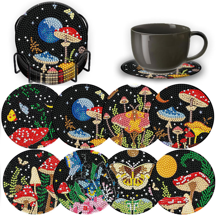 8 Pcs Mushroom Diamond Art Painting Coasters Kits with Holder DIY Mushroom Diamond Art Coaster Non Slip Coaster for Adults Diamond Kits Supplies for Christmas