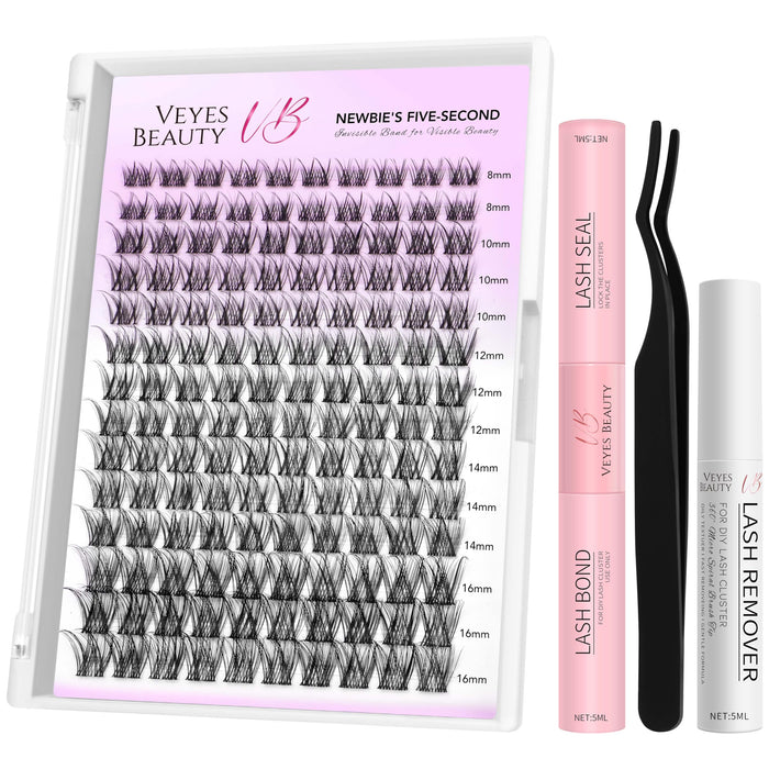 VEYESBEAUTY Lash Clusters Kit Individual Eyelash Extensions Thin & Invisible Band DIY False Eyelashes Newbie's Five-Second Series Wispy Lash Tray, LuxeBold KIT with Bond&Seal Remover Applicator