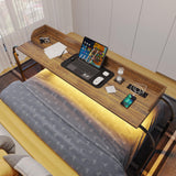 Overbed Desk with Charging Station-Over Bed Table-Adjustable Length/Height with Wheels - Human Sensor LED Light Mobile Queen Size Bed Table Rolling Tray Table for Eating & Laptops, Brown