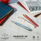 PARKER IM Fountain Pen | Premium Blue Grey with Chrome Trim | Medium Point with Blue Ink Cartridge | Gift Box