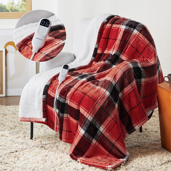 Bedsure Plaid Heated Throw Blanket - Christmas Electric Blanket with Red Plaid Pattern, Flannel Sherpa Heating Blanket as a Gift, with 6 Heating Levels, 4 Time Settings, 3-Hour Auto-Off (50"x60")