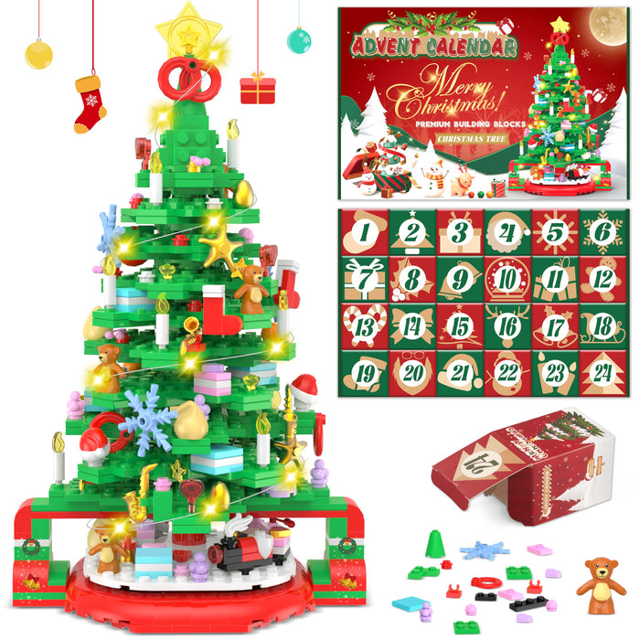 Advent Calendar 2024 Christmas Tree Building Set, 24 Boxes 593 Pieces Christmas Countdown Calendar Building Blocks with Warm Light, Advent Calendars for Adults Teens Kids