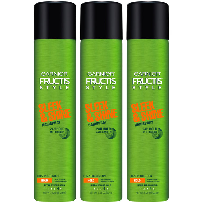 Garnier Fructis Style Sleek and Shine Anti-Humidity Hairspray, Ultra Strong Hold, Frizz Protection 8.25 Oz, 3 Count (Packaging May Vary)