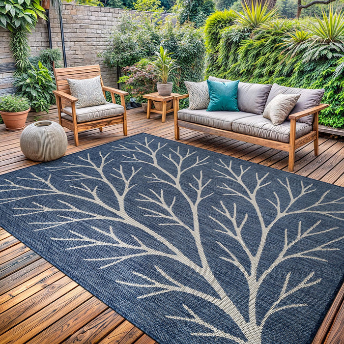 Washable Indoor Outdoor Rug 9x12 Modern Area Rugs Branch Pattern Non Shedding Waterproof Easy Clean Patio Deck Porch Living Room Bedroom Garden RV (9 X 12 Blue)