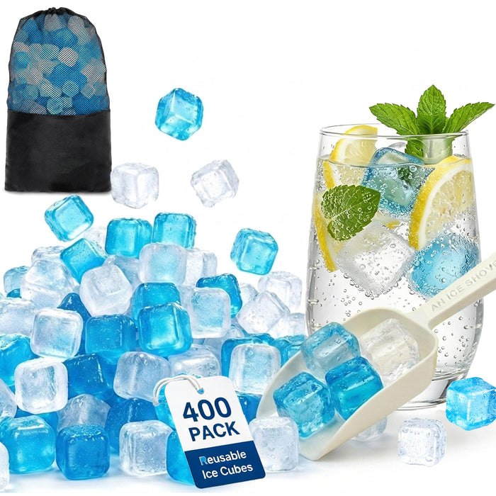 400 Pack Reusable Ice Cubes for Drinks with Ice Scoop, BPA-Free Plastic Ice Cubes for Coolers, Whiskey, Coolers, Parties, Bars, Ice Baths & Camping(Blue & Transparent)