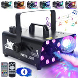 ATDAWN Fog Machine with 8 LED Lights and Disco Ball, Wireless Remote Control Smoke Machine with Bluetooth Speaker, Perfect for Wedding, Halloween, Party and Stage Effect