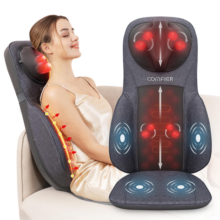 COMFIER Neck Back Massager with Heat, Height Adjustable Chair Massager Seat Cushion for Neck Shoulders, Shiatsu Massage Chair Pad for Back Support,Full Body Pain Relief,Gifts for Mom,Dad,Gray