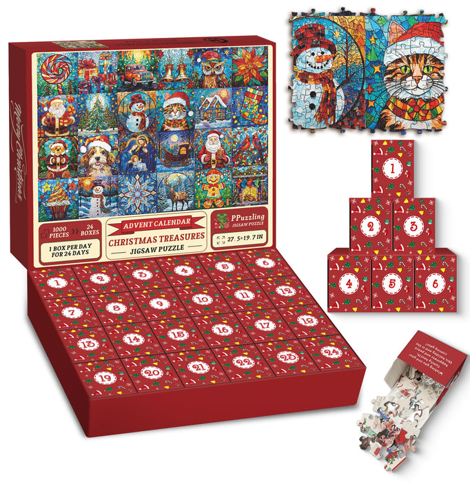 Advent Calendar 2024 Christmas Puzzle for Adults 1000 Pieces, Stained Glass Puzzle Christmas Countdown Calendar 24 Days Jigsaw Puzzles, Funny Mosaic Santa Claus Christmas Dog Holiday Puzzles