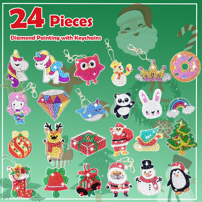 Advent Calendar 2023 Christmas Diamond Painting Keychains Kit, 24 Pcs Surprise Double Sided Christmas Diamond Art Keychains for Girls, DIY Painting by Number Christmas Gift Ideas for Kids Adults