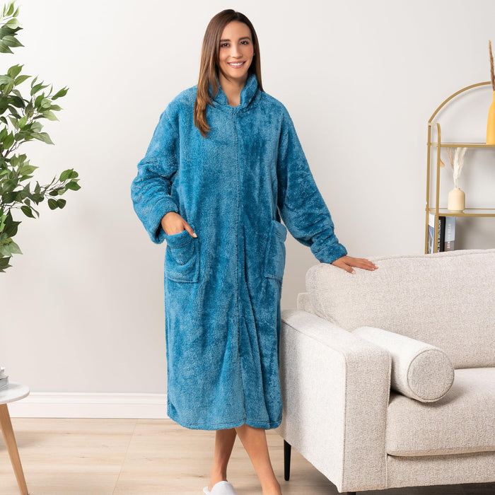 PAVILIA Womens Housecoat Zip Robe, Sherpa Zip Up Front Robe Bathrobe, Fuzzy Warm Zipper House Coat Lounger for Women Elderly with Pockets, Fluffy Fleece Long Plus Size, Teal Sea Blue (2X/3X)