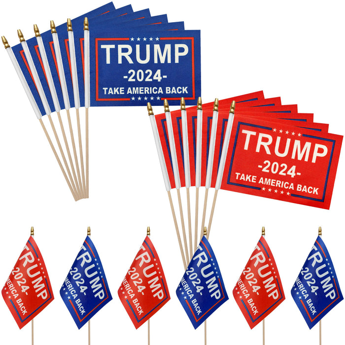 LoveVC Donald Trump 2024 Flag Take America Back Flags Decorations Re-Elect Trump Small Mini Handheld Flags on Wood Stick,5x8 Inch,12 Pack