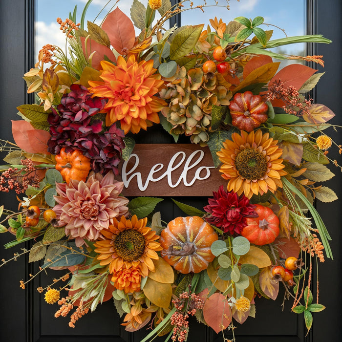 Fall Wreaths for Front Door 24 Inch Autumn Wreath with Sunflowers, Pumpkins