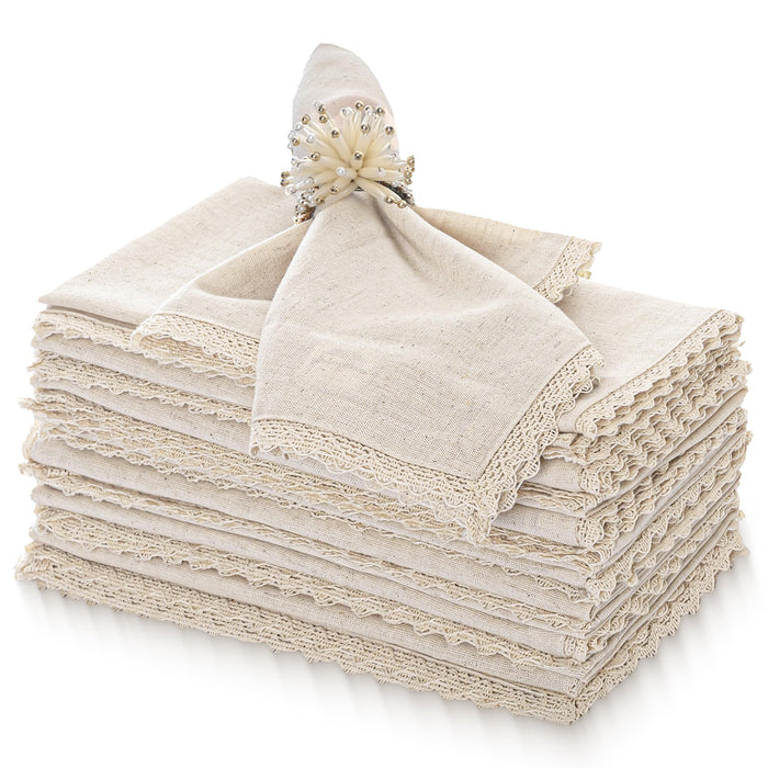 FINGERCRAFT Lace Cloth Napkins, Cotton Linen, 12 Pack, 20x20 Inch, Ivory