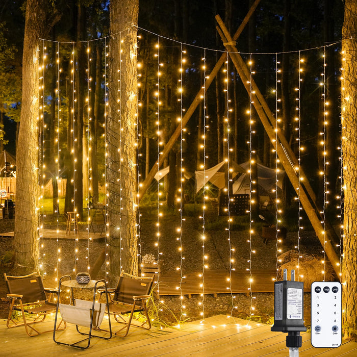 JMEXSUSS 900LED Outdoor Christmas Curtain Lights, 9.5x29.5ft Christmas Lights Plug in with Remote, Indoor Christmas Hanging String Lights for Bedroom Wedding Backdrop Wall Xmas Decor, Warm White