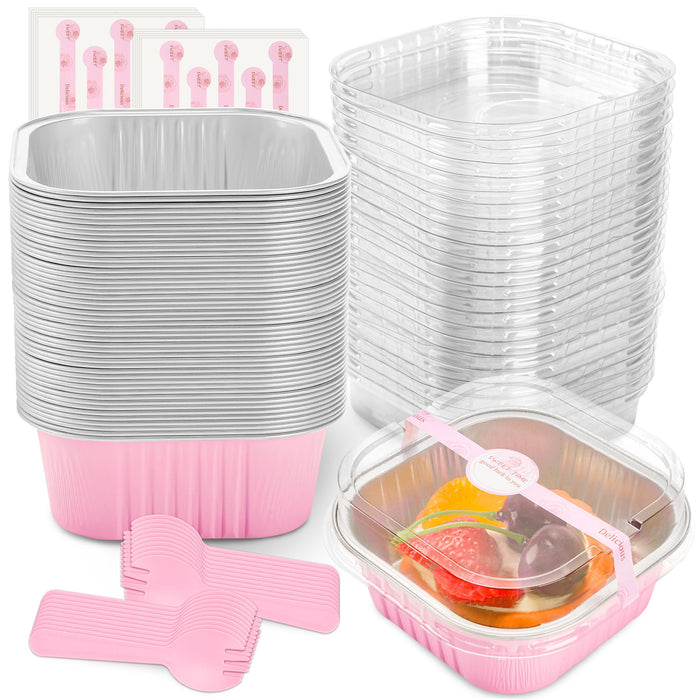 NPLUX 50 Pcs Mini Square Baking Cups with Lids and Spoons Aluminum Foil Mini Cake Pans with Lids Disposable Ramekins Cake Pans Dessert Cups for Wedding Birthday Party(Pink,10oz)