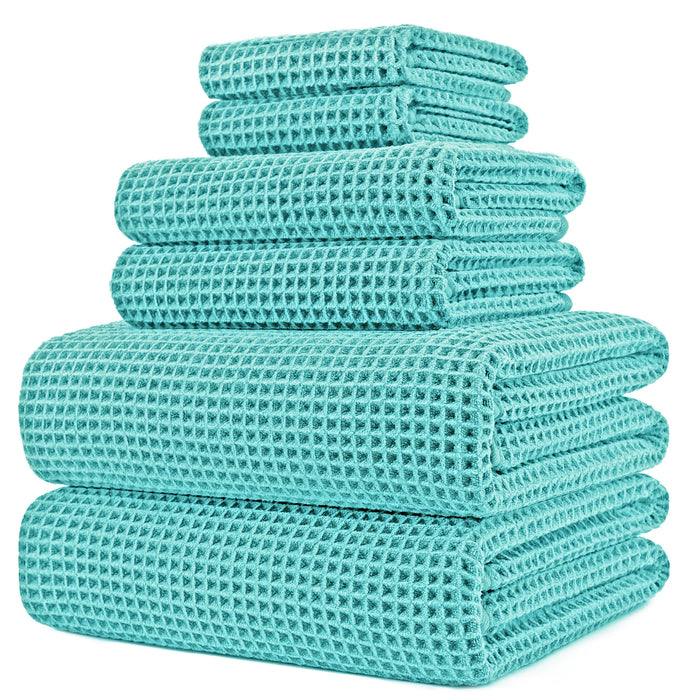 POLYTE Oversize, 60 x 30 in., Quick Dry Lint Free Microfiber Bath Towel Set, 6 Piece (Agua, Waffle Weave)