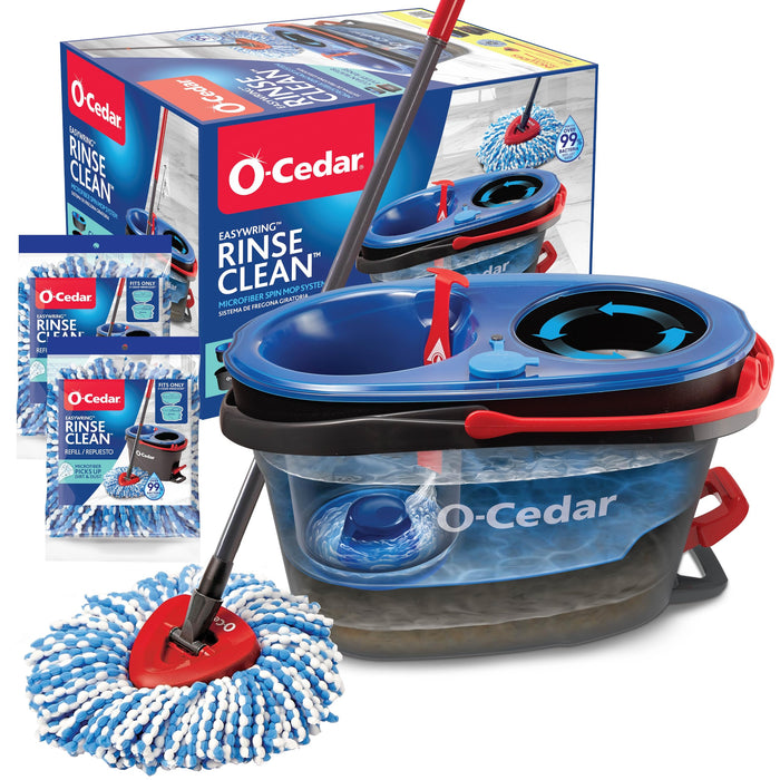 O-Cedar RinseClean Spin Mop and Bucket System, 2 Extra Mop Heads, Removes 99% of Bacteria, Microfiber, Standard